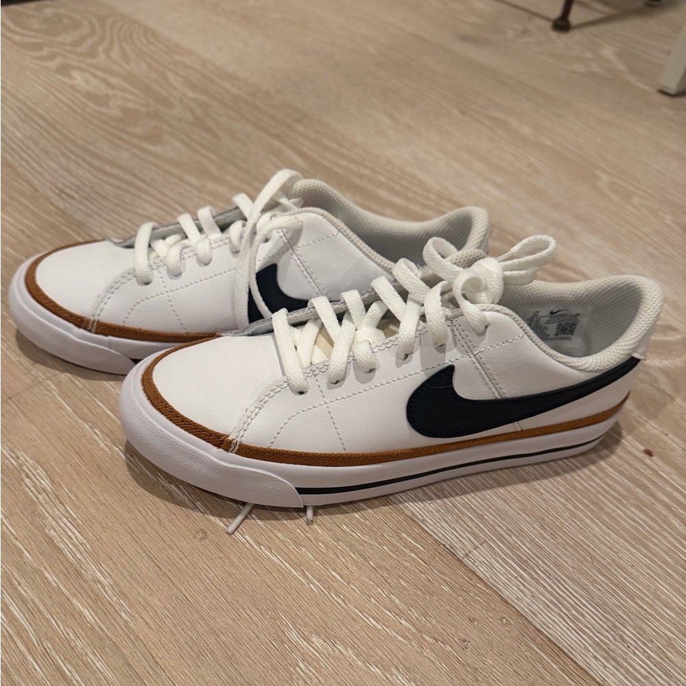 Brand New Nike Court Legacy White Sneakers with Black Swoosh and Brown Accents